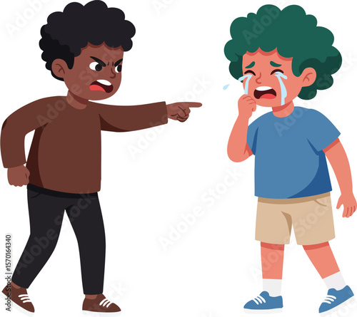 Two boys fighting and crying in emotional conflict with anger and sadness expression vector illustration