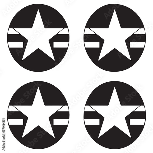 Four identical black circles each containing a white five pointed star with two horizontal white bars on either side of the star s center