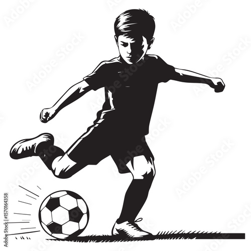 Young boy in silhouette kicking a soccer ball with determination on a grassy field in a graphic style illustration