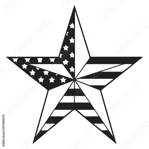 Stylized five pointed star graphic design featuring alternating black and white sections with stars and stripes patterns reminiscent of the american flag