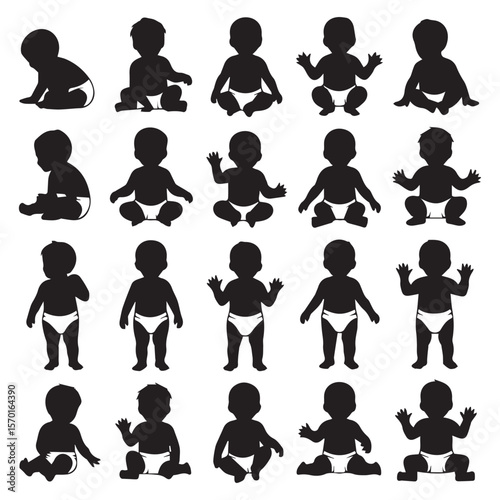 Collection of black silhouette baby figures in various sitting and standing poses wearing diapers on a white background