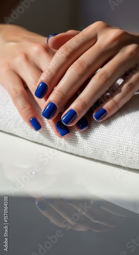 Close-up of elegant blue manicure on female hands resting on white towel