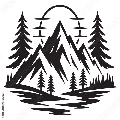 Stylized black silhouette of a mountain range with pine trees and a winding river under a curved horizon line with abstract cloud shapes