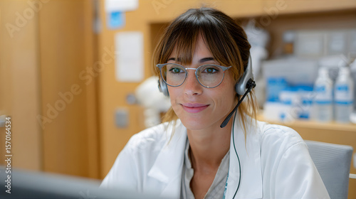 Woman medical professional wearing headset. Telemedicine concept. Customer support for remote healthcare and patient consultation.
