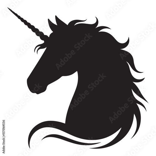 Elegant black silhouette of a majestic unicorn head with a flowing mane and a spiraled horn against a clean white background symbolizing magic and fantasy
