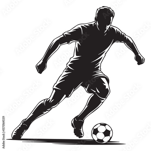 Dynamic silhouette of a soccer player in motion dribbling a ball with intense focus and athletic prowess on a clean white background