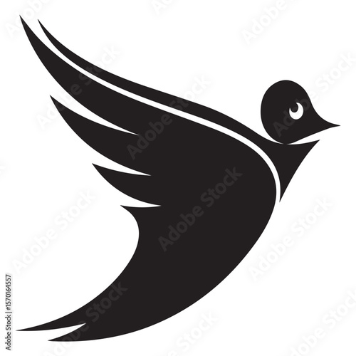 Stylized black silhouette of a bird in flight with its wings spread wide and a curved body against a clean white background