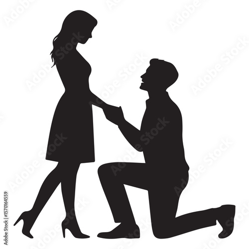 Silhouette of a man kneeling and proposing marriage to a woman who is standing and holding his hands in a romantic gesture of commitment
