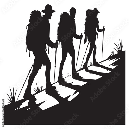 Three hikers with backpacks and trekking poles ascend a rocky path casting long shadows against a clean white background in a stylized silhouette illustration