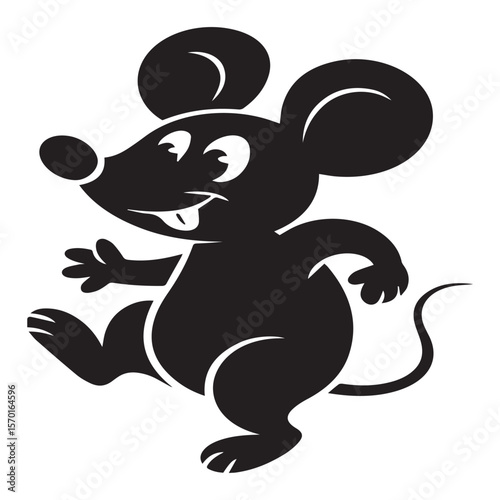 A happy cartoon black mouse character with big ears and a long tail is joyfully dancing or skipping with its arms outstretched against a white background