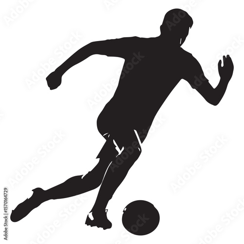 Dynamic black silhouette of a male soccer player dribbling a ball with intense focus and athletic movement on a clean white background