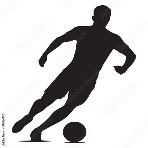 Dynamic black silhouette of a male soccer player in motion dribbling a ball with skill and agility on a clean white background