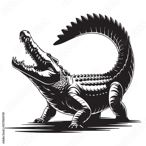 Aggressive black and white illustration of a powerful alligator with its mouth wide open and sharp teeth bared poised to strike