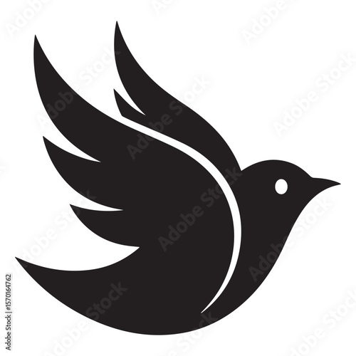 Elegant minimalist black silhouette of a stylized bird in mid flight with outstretched wings and a simple dot for an eye on a white background
