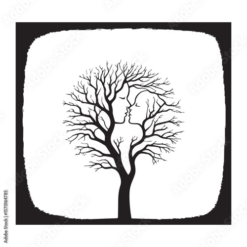 Abstract black silhouette of a bare tree with branches forming the profiles of two faces kissing set against a white background with a distressed black border