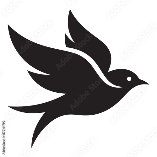 Minimalist black silhouette of a stylized bird with outstretched wings soaring gracefully against a clean white background representing freedom and movement