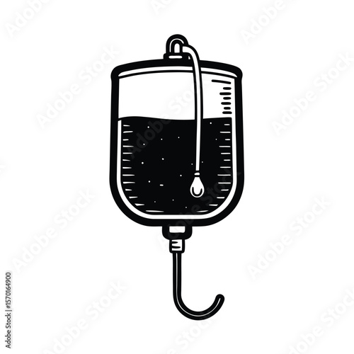 Transparent saline IV bag with light blue fluid inside Vector illustration