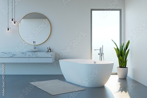 A modern bathroom with a white bathtub and marble sink