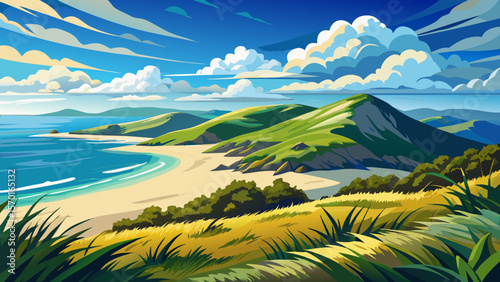 In Wilson’s Promontory, grassy hills gently slope to golden beaches under a wide open sky filled with drifting clouds.