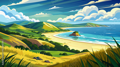 In Wilson’s Promontory, grassy hills gently slope to golden beaches under a wide open sky filled with drifting clouds.