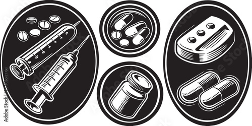 Monochromatic illustration of medical supplies: syringes, pills, capsules, and medicine bottles; vintage style; serious mood. on a white or  transparent PNG background