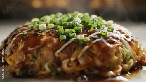Close up view of okonomiyaki topped with green onions and sauce on a white surface plate dish