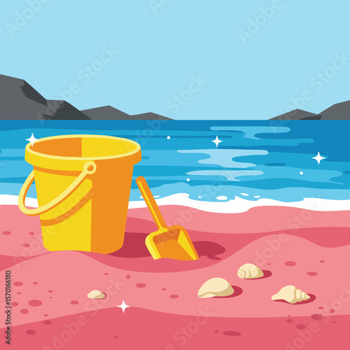Yellow Bucket and Shovel on Pink Sandy Beach with Sea and Rocky Hills Background Vector Illustration