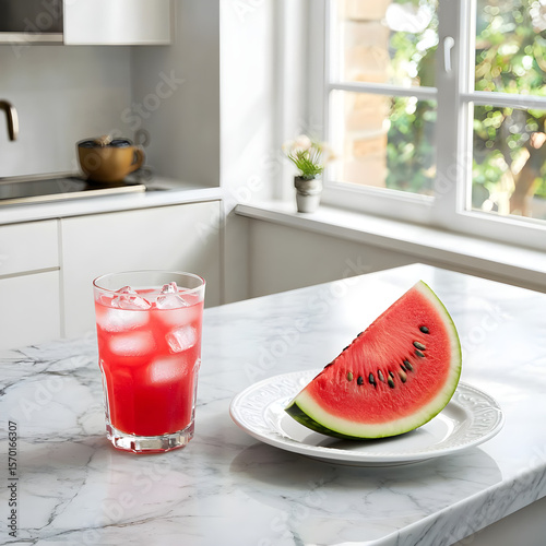 Refreshing summer watermelon drink with ice in glass cup and watermelon slice on plate. Bright modern kitchen with marble countertop and view from window. Healthy eating concept in summer