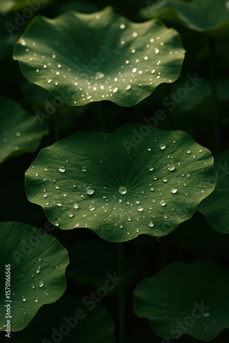 Serene lotus leaves adorned with morning dew drops in a tranquil garden
