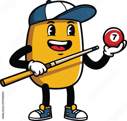 Cartoon character playing billiards holding number seven ball with stick and cap in playful style vector illustration