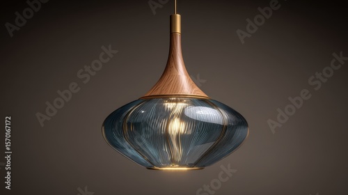 Contemporary Pendant Lamp: Blown glass shade with swirling details and light wood accent, provides both illumination and visual intrigue.