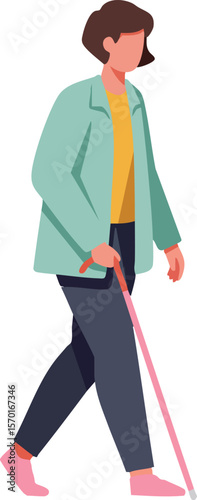 Blind woman walking with white cane using mobility aid for visually impaired people vector illustration