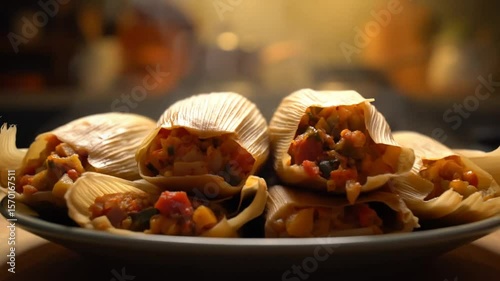 A plate of delicious tamales on a wooden surface in a blurred kitchen background setting indoors