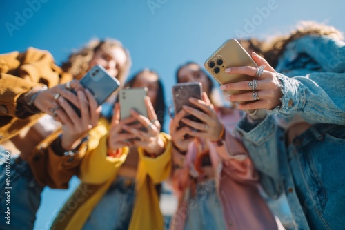 Grupo de jóvenes, tomando fotos, algo que está en el suelo, o realizando compras online.