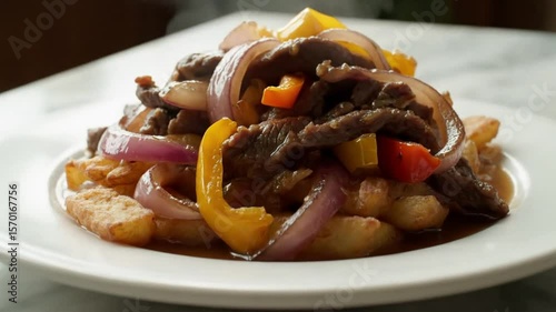Close up of lomo saltado with steam on a white plate with a marble surface and brown background