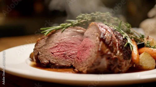 Close up of a roast beef dinner with carrots and potatoes on a white plate with herbs garnish
