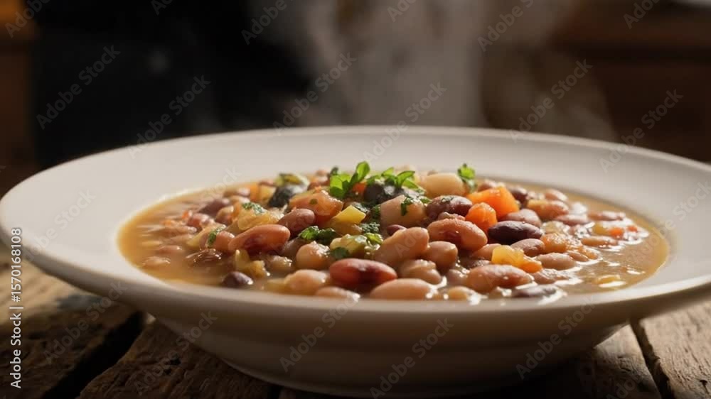 Close up of steaming bean soup in a white bowl on a rustic wooden table in a warm kitchen setting