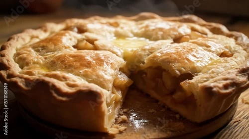 A close up of a freshly baked pie with a slice missing on a wooden surface with steam rising up