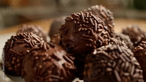 A plate filled with chocolate truffles covered in chocolate sprinkles on a marble countertop surface