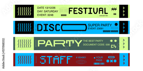 Control ticket bracelets for events, disco, festival, fan zone, party, staff. Vector mockup of a festival bracelet in a futuristic y2k style.	
