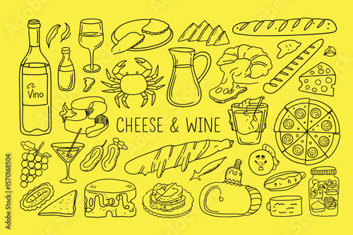 Hand Drawn Crayon Food Illustration Set – Italian Style Doodles of Wine, Cheese, Seafood, Olives – Vector Icons for Menus, Invitations, and La Dolce Vita Themes

