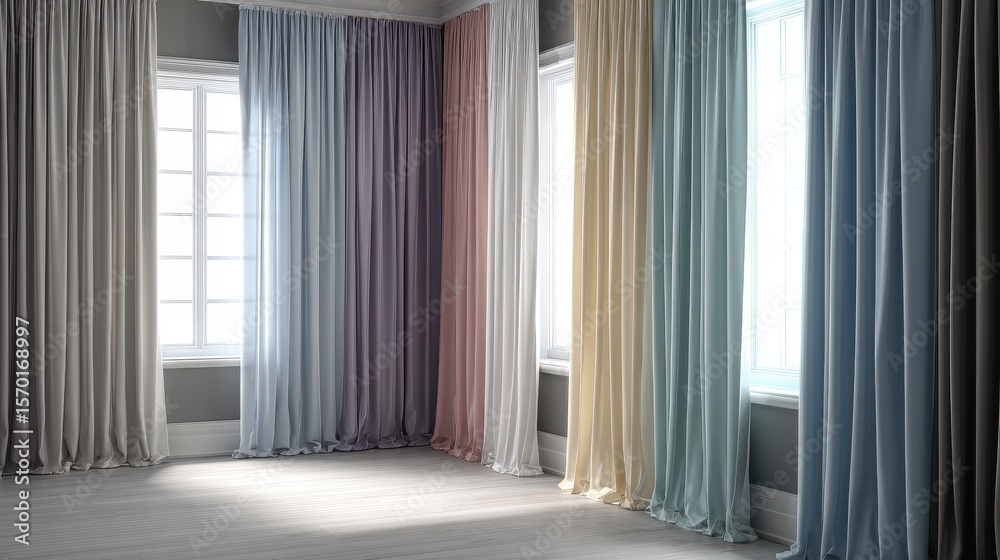 Fototapeta premium Array of full-length curtains with gentle hues of beige, purple, pink, white, blue, light blue, and black, hung near the bright windows.