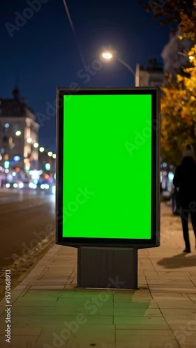 Empty green screen billboard at night on a city street