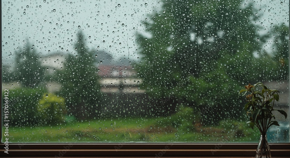 Obraz premium Rainy Day View Through Windowpane: Raindrops Adorn Glass, Blurred Green Garden and Houses in Background, Peaceful Atmosphere
