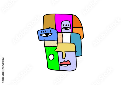 A modern cubist artwork featuring an abstract human face constructed from colorful geometric shapes.