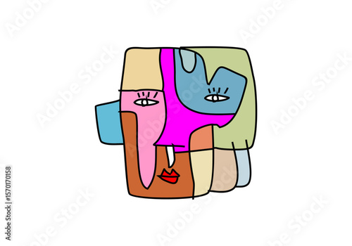 A modern cubist artwork featuring an abstract human face constructed from colorful geometric shapes.