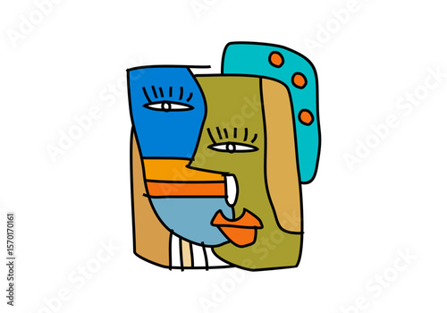 modern cubist abstract illustration of a human face, composed of bold lines, colorful blocks