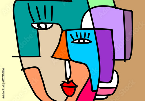 modern cubism illustration of abstract human faces merged into one composition.
