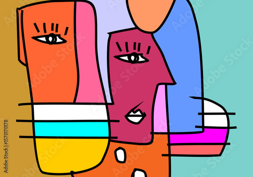 modern cubism illustration of abstract human faces merged into one composition.
