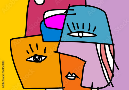 modern cubism illustration of abstract human faces merged into one composition.